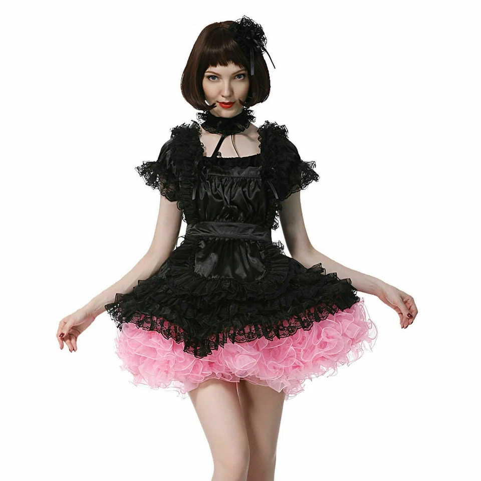 Sissy Girl Maid Square Cut Neckline Satin Black Pink Puffy Dress Custom  - Image 2 of 4