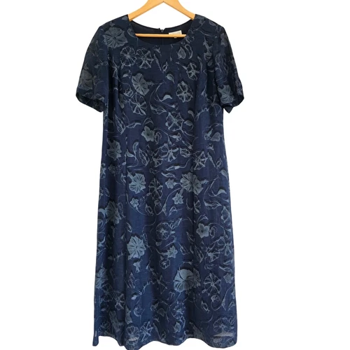 Abito midi vintage Burberrys misto lino floreale blu navy taglia 16 maniche corte trasparenti