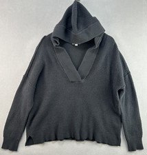 Aerie Sweater Womens Medium Black CozyUp Waffle Hoodie Knit Deep V Pullover Top