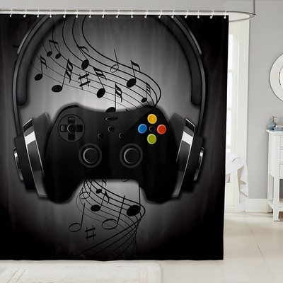 Boys Games Shower Curtain, Black Grey Headphones Musical Notes Design Gamepad Ba