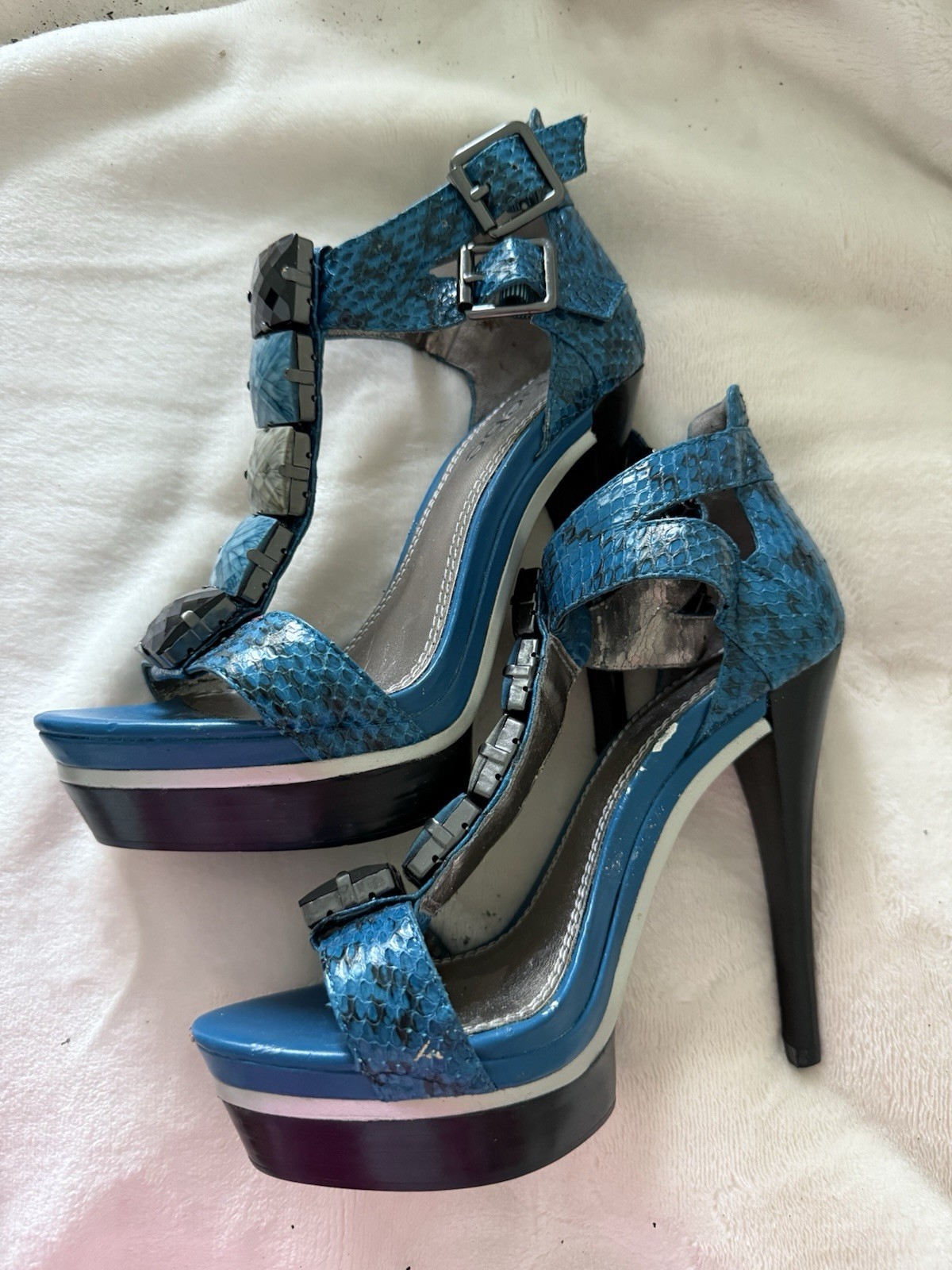 Blue Python Print High Heel Platform Sandals with… - image 1