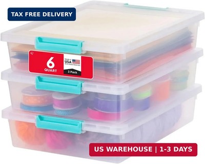 IRIS USA 6 Qt. Craft Storage Bins with Lids, 3-Pack, |Made in USA|, Clip Box, Sm