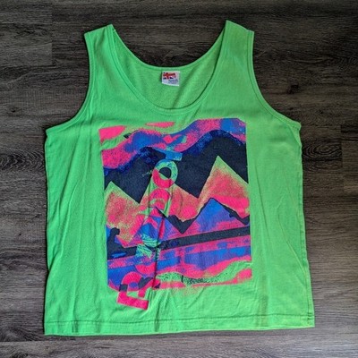 80's Reebok Vibrant Green and Pink Graphic Tank Top, Size L