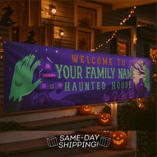 Custom Halloween Haunted House Banner Personalized Vinyl Party Backdrop for Yard