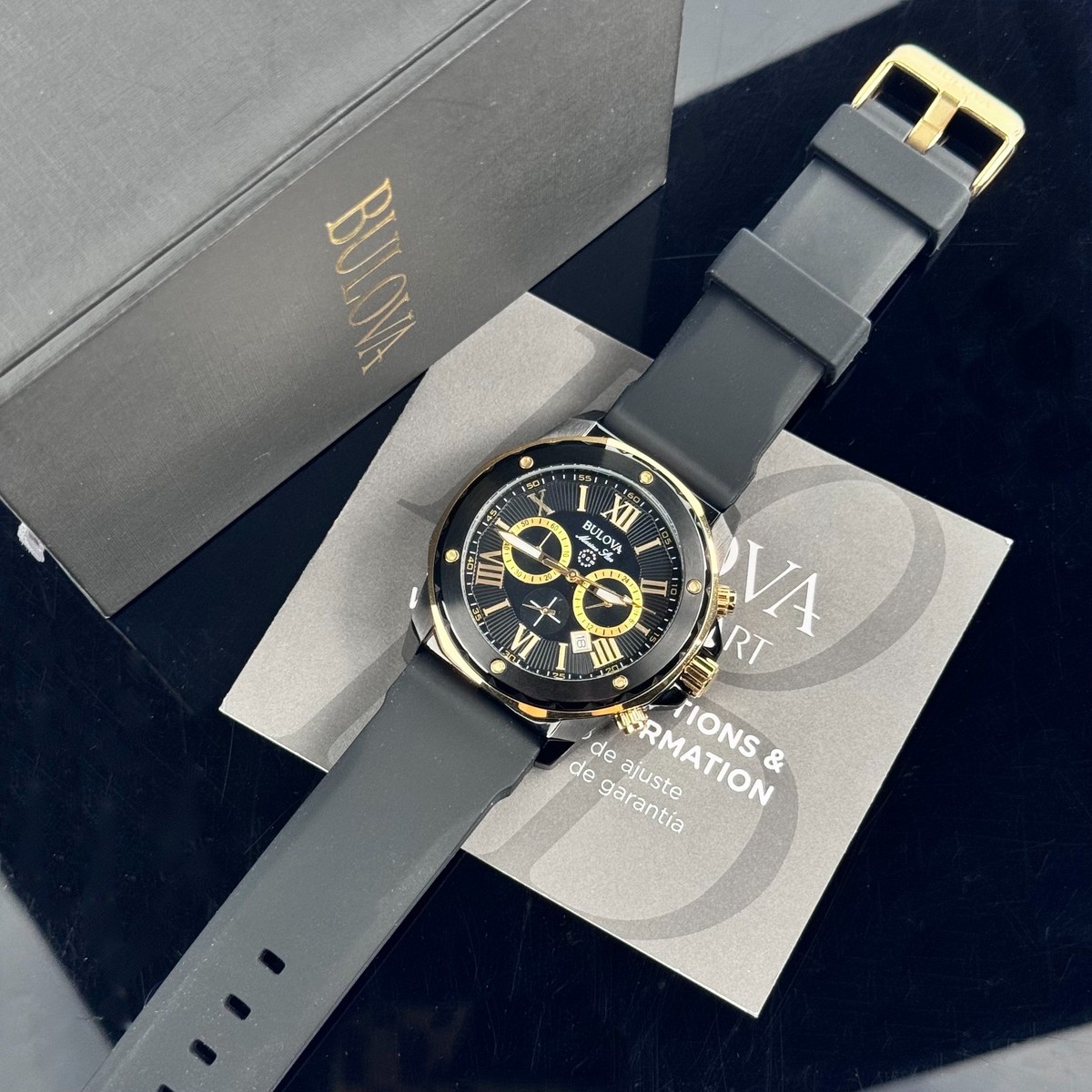 Bulova Marine Star Black Gold Dial Chronograph Silicone Strap