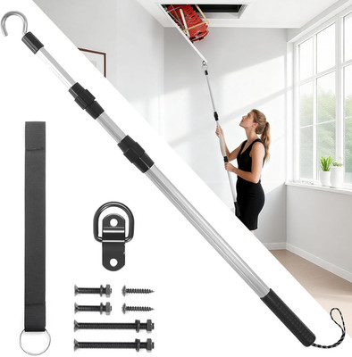 Attic Ladder Pull Down System with Telescoping Pole and Stainless Steel D-Ring