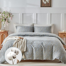 100 Cotton King Size Duvet Cover Set, Grey Paisley Reversible, Zipper Closure