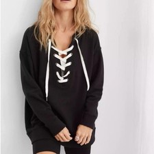 Aerie MED Oversized Sweatshirt Laced Neck Black Relaxed Fit Sporty Lounge Comfy