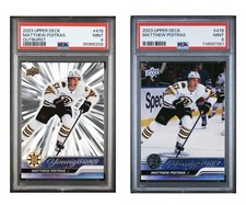 LOT OF TWO 23-24 Upper Deck Matthew Poitras Young Guns OUTBURST Rookie RC PSA 9