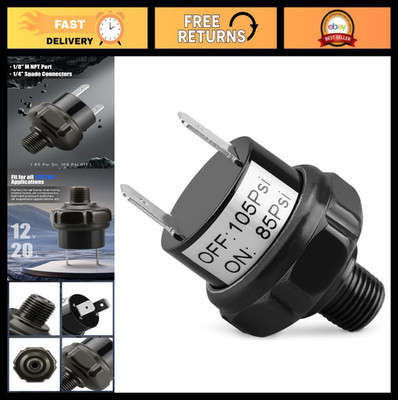 85-105 PSI Pressure Switch for 12V/24V Systems, 20A, 1/8'' NPT Port, 1/4'' Spade