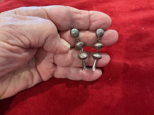 NAVAJO STERLING SILVER 2.75” DANGLE OLD PAWN SQUASH BLOSSOM PIERCE POST EARRINGS
