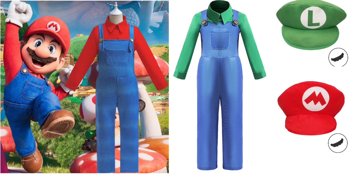 Kid Girls Boy Super Mario Luigi cap + pants + costume set Cosplay Red and  Green