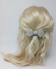 Womens Bow Hair Clip with Rhinestones and Pearls, Color Silver