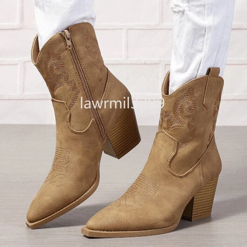 Cowboy Boots Mid Calf Shoes Ladies Zip Heel Western Faux Leather Womens Size UK - Picture 3 of 19