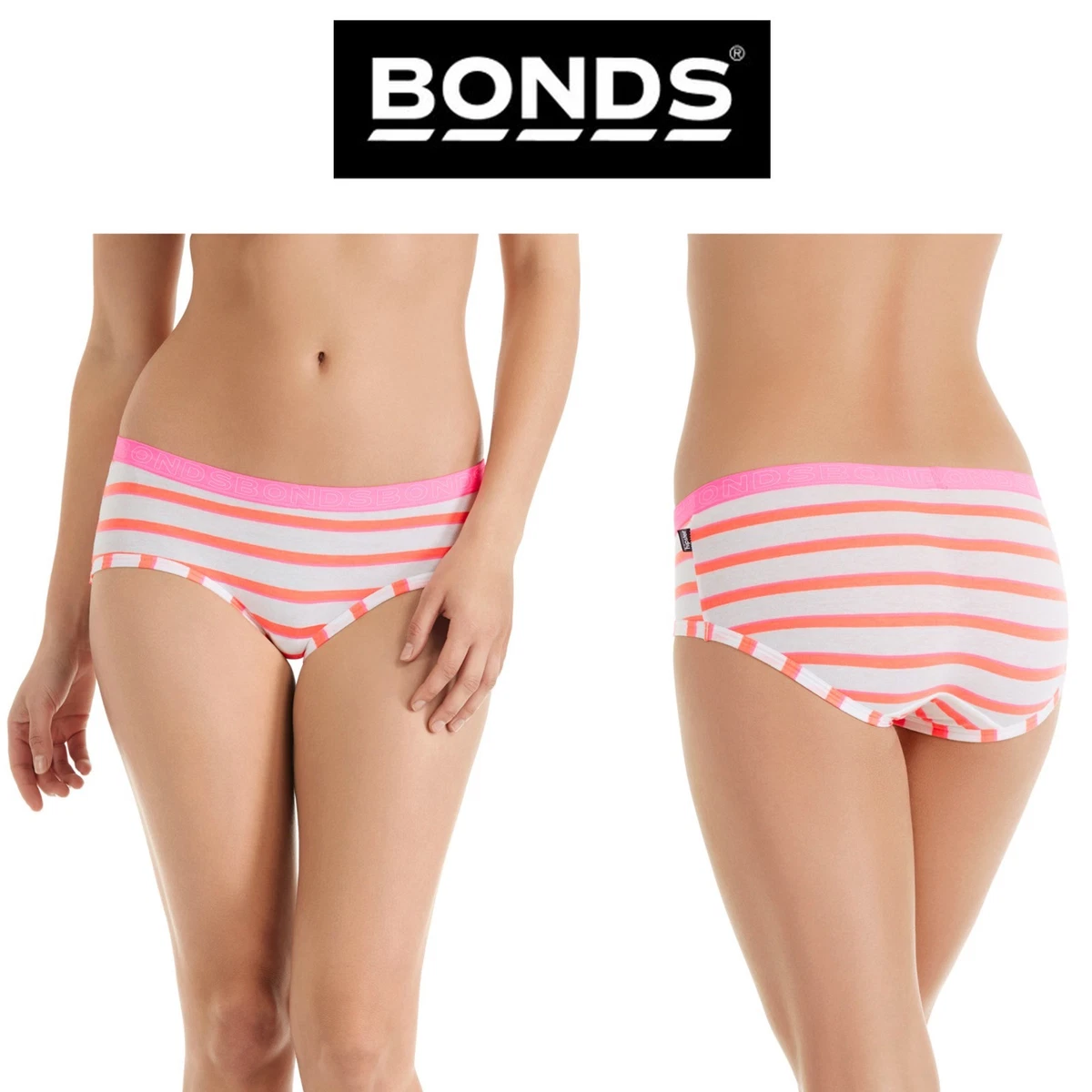 Womens Bonds Hipster Boyleg WXJWA Underwear Stripes Knickers Orange Pink  White