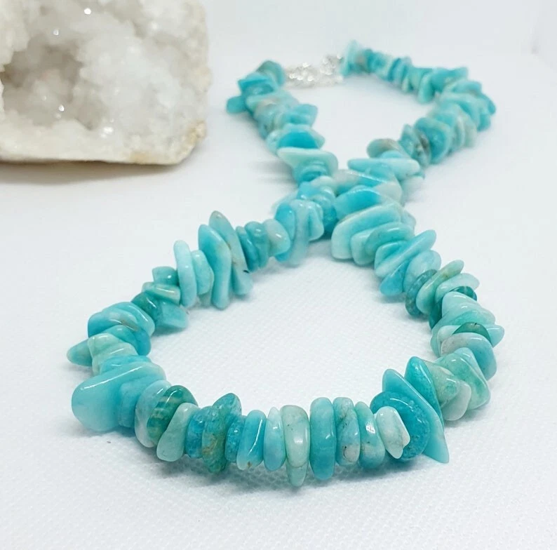 Collares de piedras preciosas nature amazonita lisas sin cortar con astillas hechos a mano para mujer de 18"" Foto 4 de 4