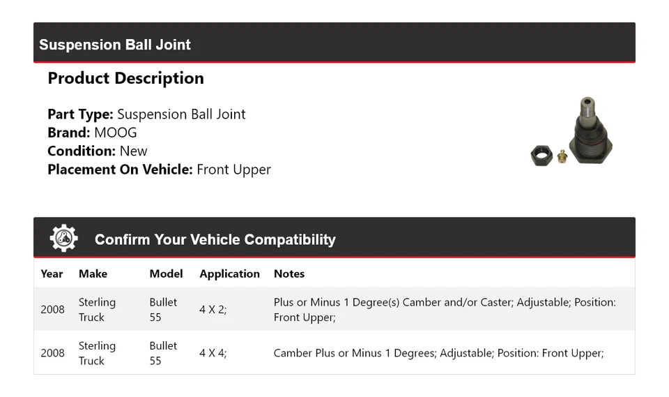 Шаровой шарнир передней верхней подвески для грузовика 2008 Sterling Bullet 55 MOOG - Изображение 2 из 4
