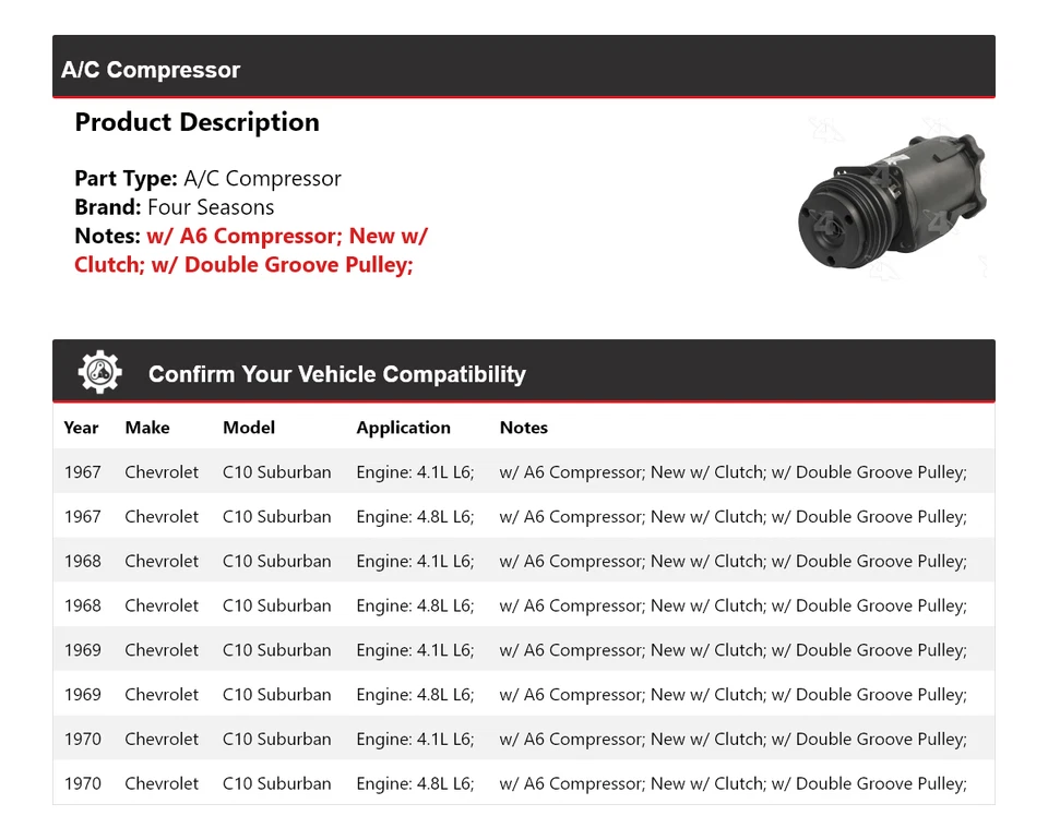 Compresor de aire acondicionado para Chevrolet C10 Suburban 1967-1970 4 estaciones 1968 1969 Foto 2 de 4