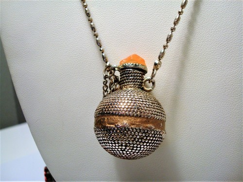 Silver Plated Copper Round Perfume Pendant w/ Orange Cabochon Dabber Cap Beaded