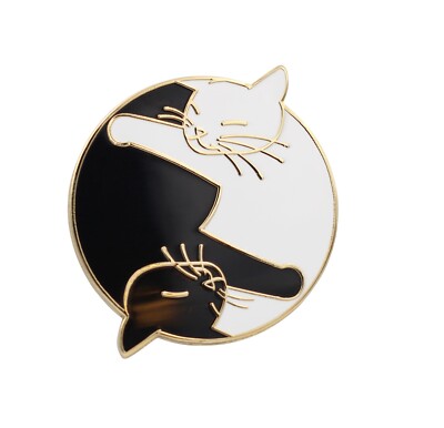 Yin Yang Cats Enamel Lapel Pin White & Black Feline Real Sic Fashion New