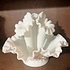 Vtg Fenton Hobnail Milk Glass 3 Horn Trumpet Epergne Vase Ruffled Bowl Free Ship