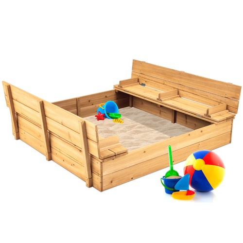 47x47-Inch Kids Wooden Outdoor Sandbox W/ 2 Foldable Bench Seats Natural