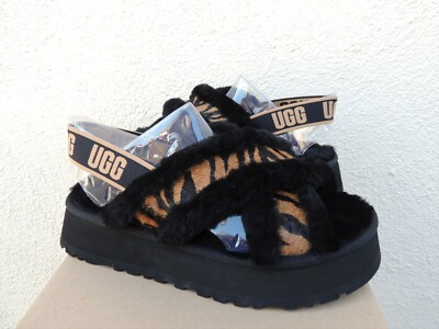 UGG DISCO CROSS TIGER SHEEPSKIN FLUFF SLIDE PLATFORM SANDALS, US 9
