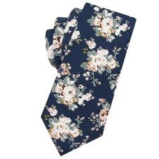 Men's Cotton Printed Floral Neck Tie Skinny Tie Navy Blue Small Pink Floral