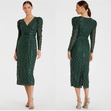 Mac Duggal 93676 Beaded Lace Long Sleeve Formal Gown Dress Green Size 4