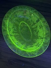 Jeannette Poinsettia Depression Green Uranium Glass Oval Bowl 9" UV Glow Vintage