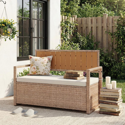 75 Gallon Outdoor Storage Bench, All-Weather PE Rattan Deck Box with Seat, Wicke