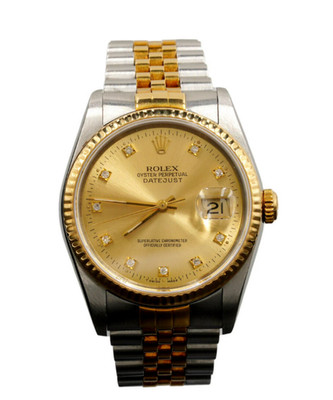 Pre-Owned Mens Rolex Two-Tone Datejust Watch Factory Gold Diamond Dial 16233