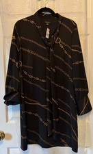 NWT $68 Ann Taylor Equestrian Chain Link L/S Shift Dress Black Tie Neck S
