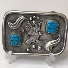 Native American Navajo Sterling Silver Turquoise Eagle Belt Buckle 49.68g ST9 