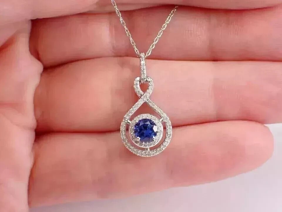Halo Pendant 1.20Ct Round Cut Simulated Blue Sapphire In 14k White Gold Plated