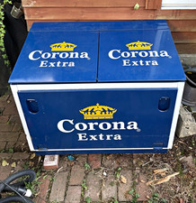 Corona Extra Metal Ice Chest Cooler Blue/White/Yellow Handle Hinged Lid Logo