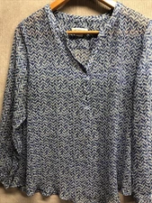 Liz Claiborne Blouse XL Blue Chevron Sheer Long Sleeve Business Career