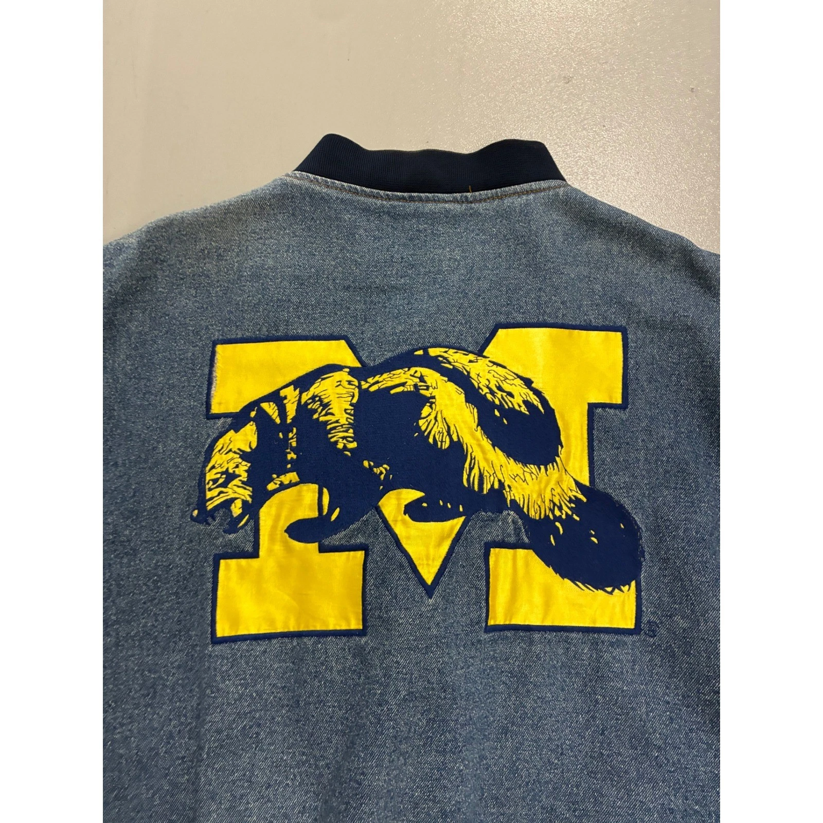Vintage Team Admit One Michigan Wolverines Denim Varsity Jacket Blue Yellow XL image 3