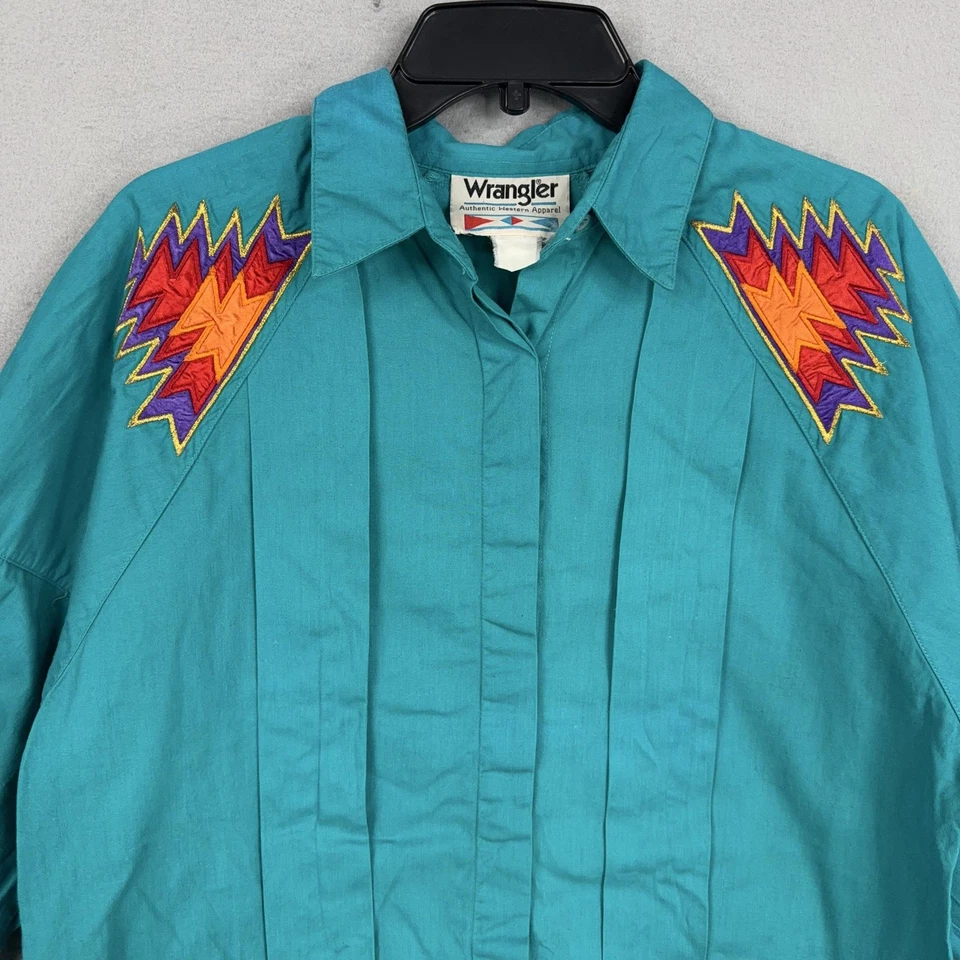 Vintage Wrangler Shirt Womens Large Teal Western Aztec Embroidered 90s Cowgirl - Image 2 of 4