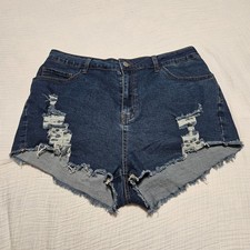 Pantalones cortos de mezclilla desgastados para mujer talla grande 3XL - corte rasgado lavado oscuro