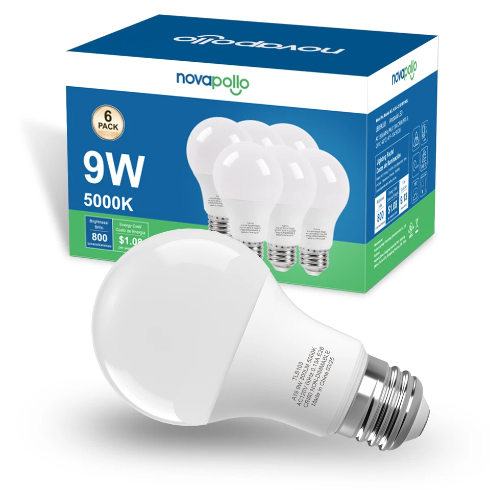 NOVAPOLLO 6/12/24Pack 9W A19 LED Light Bulb =60W 5000K Daylight White Non-Dimmable Bulbs