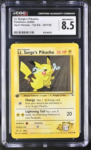 CGC 8.5 Lt. Surge's Pikachu Gym Heroes 1st Edition 81/132 Pokemon Card