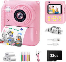 Instant Print Camera for Kids, 1080P Video Camera with 3 Print Rolls 32GB Card