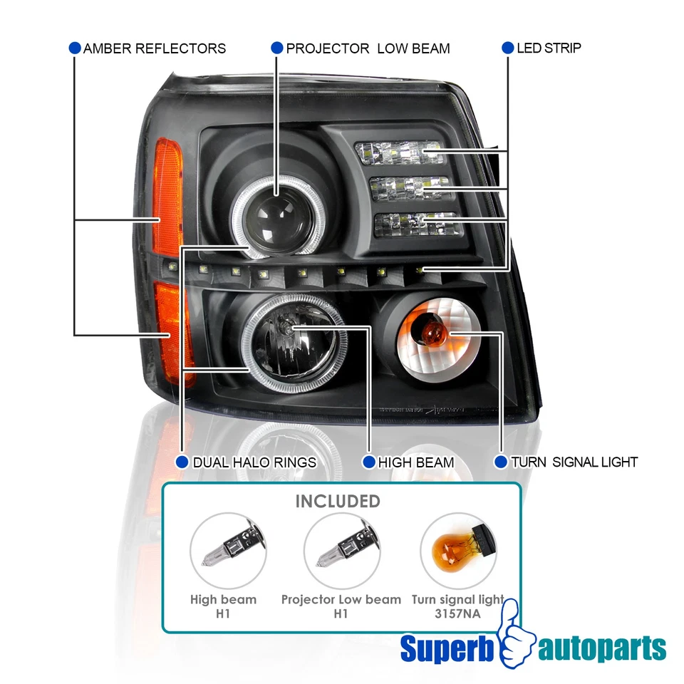 Fits 2002-2006 Cadillac Escalade Black Halo Projector Headlights LED Bar - Image 3 of 4