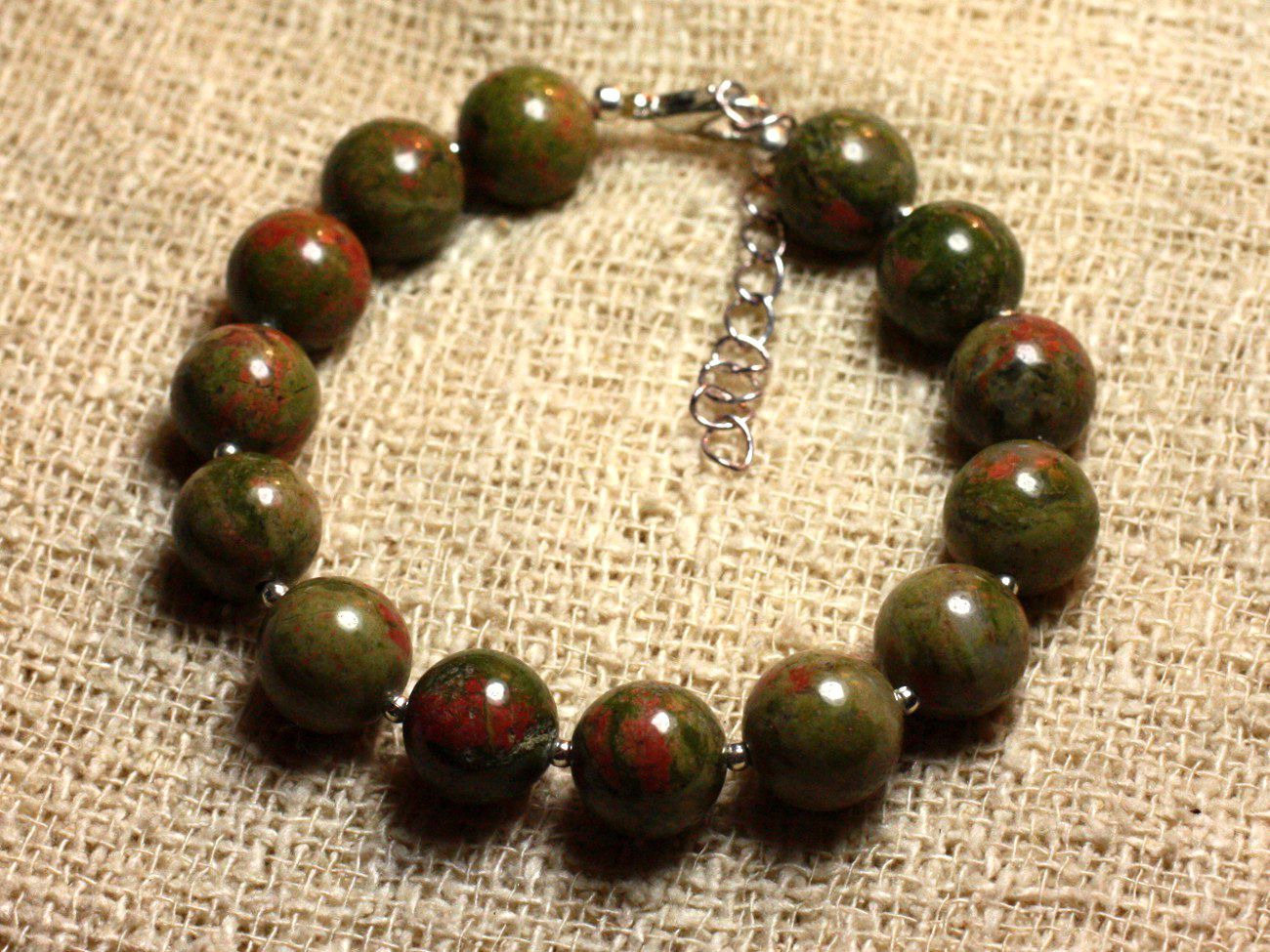 Bracelet Argent 925 Unakite 10mm en pierres naturelles véritables de qualité joaillerie