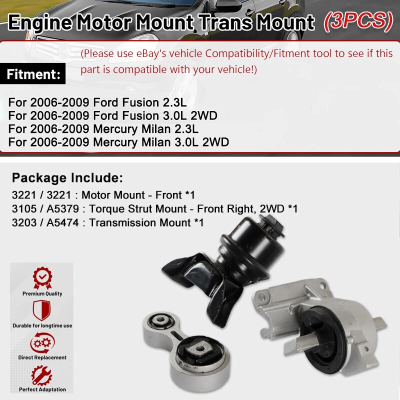 3PC Motor Mounts Set For Ford Fusion Mercury Milan 2006-2009 A5473 A5474 A5381 Foto 2 de 4