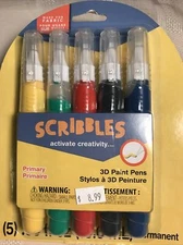 Scribbles 3D Paint Pens Primary Colors NEW Fabric Writer Tip DIY Craft 5 Pack