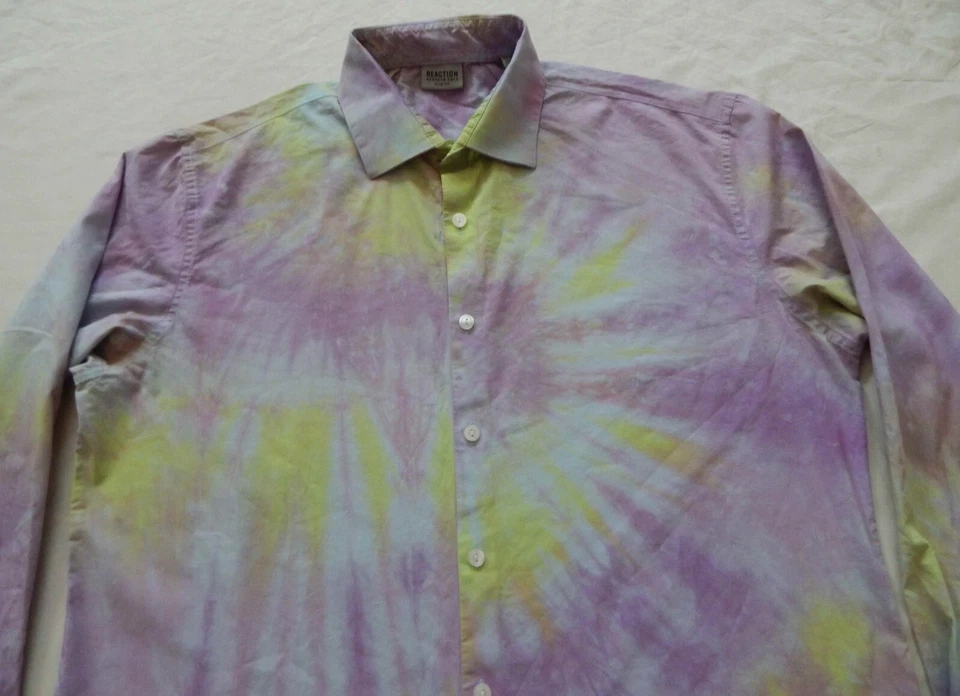 Tie Dye Purple Green Long Sleeve Button Up Shirt - Large Slim Fit Mens Hand Made - Image 4 of 4