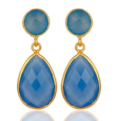 Blue Chalcedony Gemstone 18K Gold Plated 925 Silver Drop Earrings Jewelry