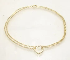 Open Heart Anklet Ankle Bracelet with Double Rolo Chain Real 10K Yellow Gold